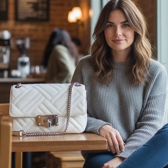 Elegant Michael Kors White Quilted Shoulder Bag - Picture 1 of 16